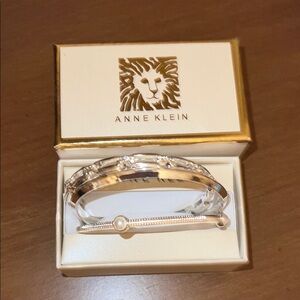 Anne Klein Rhinestone Pearl Silver Bangles Bracelet Set